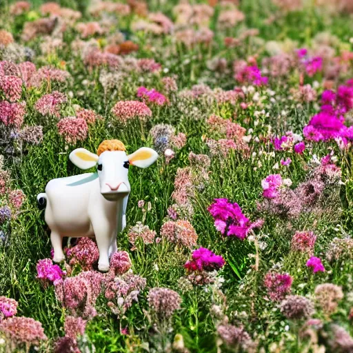 Image similar to a little cow in a field surrounded by flowers, tilt shift photo