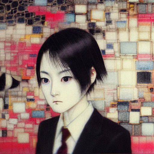 Image similar to yoshitaka amano blurred and dreamy realistic three quarter angle portrait of a young woman with short hair and black eyes wearing office suit with tie, junji ito abstract patterns in the background, satoshi kon anime, noisy film grain effect, highly detailed, renaissance oil painting, weird portrait angle, blurred lost edges