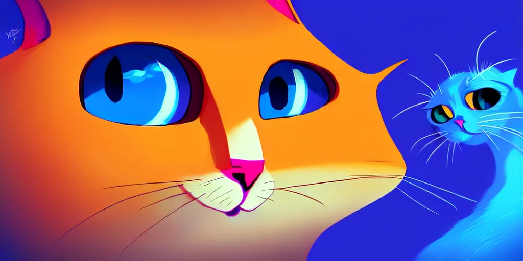 Prompt: curved perspective, extreme narrow, extreme fisheye, digital art of a big blue eyes female cat with ginger hairstyle with blue flower in her hair by anton fadeev from nightmare before christmas