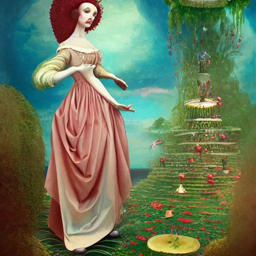 Image similar to a detailed portrait of young woman in renaissance dress and a surreal renaissance headdress, no hands visible, very surreal garden, cyberpunk, surreal tea party, strange creatures, by christian schloe and botticelli, naotto hattori, amy sol, roger dean, moody colors