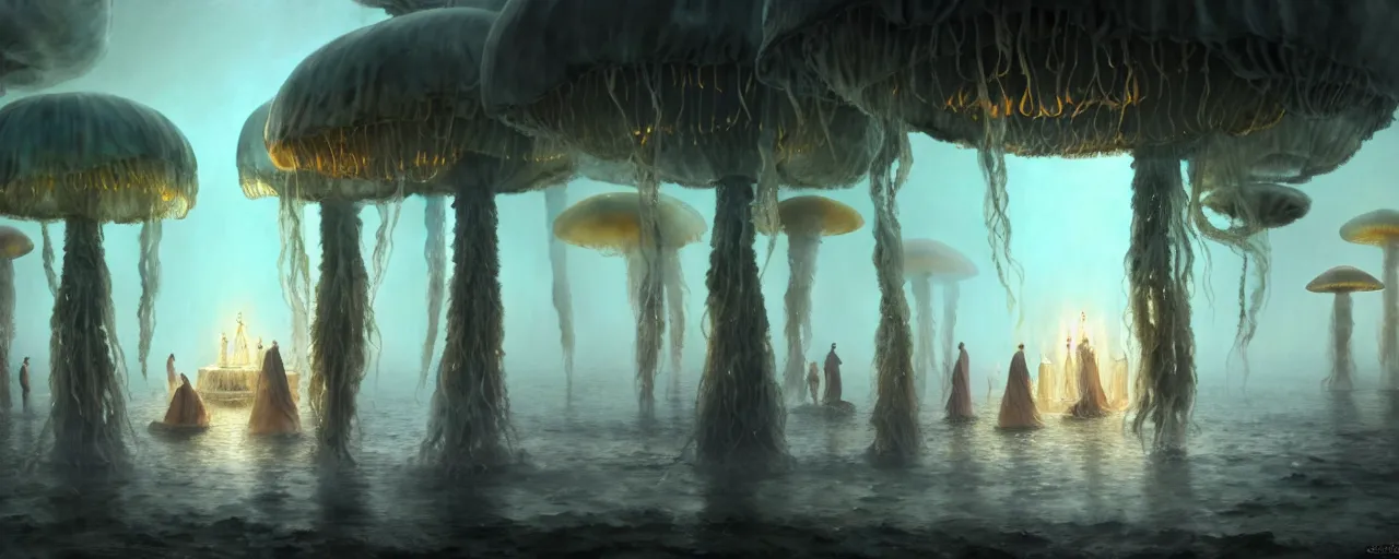 Prompt: A painting of priestesses worshipping at the jellyfish temple, shrouded in mist, jellyfish god, 8K, illustration, by Craig Mullins, smoke, cinematic, insanely detailed and intricate, hypermaximalist, elegant, super detailed, award-winning, mauve and cyan, mysterious, ancient, ritual, ethereal, trending in cgsociety, artstation HQ, ornate, elite, haunting, matte painting