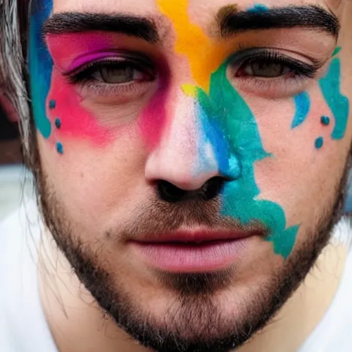 Image similar to a picture of an attractive man with colorful animal tattoos on his face