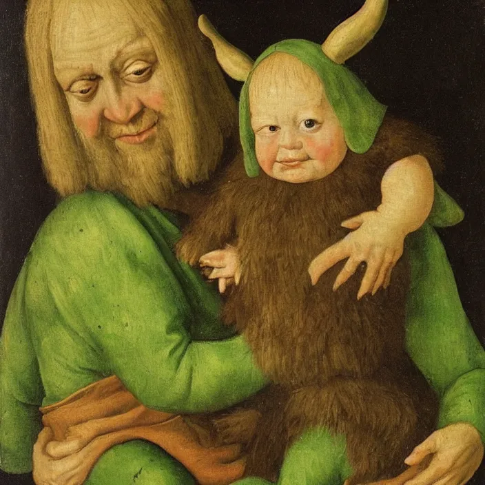 Image similar to a green - horned goblin holding a child, early netherlandish painting,