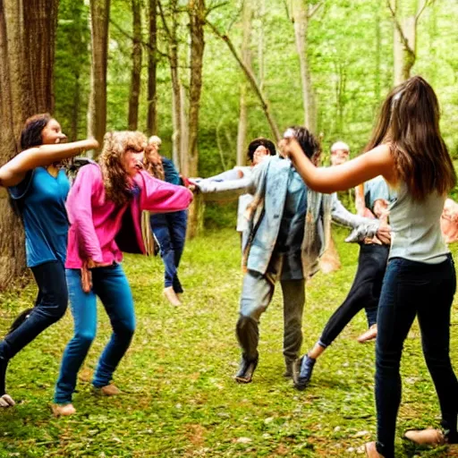 Prompt: several people dancing in the woods