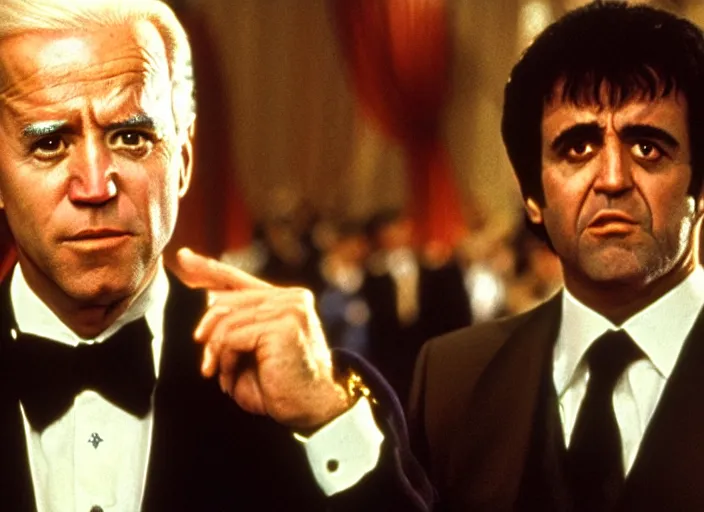 Image similar to film still of joe biden as tony montana in scarface movie, 8 k