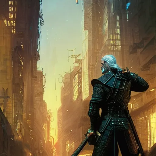 Image similar to Geralt of Rivia in a cyberpunk city, D&D, fantasy, intricate, elegant, highly detailed, digital painting, artstation, concept art, smooth, sharp focus, illustration, art by artgerm and greg rutkowski and alphonse mucha