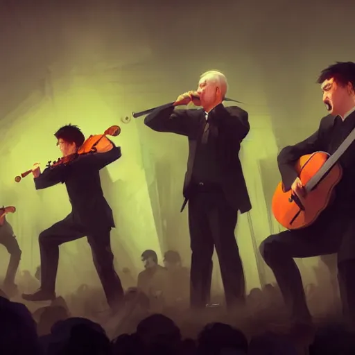 Image similar to the wolfe tones performing music on stage 4 k, concept art, by wlop, ilya kuvshinov, artgerm, krenz cushart, greg rutkowski, pixiv. cinematic dramatic atmosphere, sharp focus, volumetric lighting, cinematic lighting, studio quality