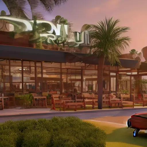 Image similar to fast food restaurant with palm trees, concept art, octane render