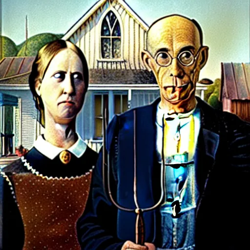 Image similar to a painting by grant wood of an astronaut couple, american gothic style