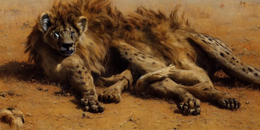 Prompt: an exhausted lion hyena in tshit and jeans. highly detailed painting by gaston bussiere, craig mullins, j. c. leyendecker 8 k