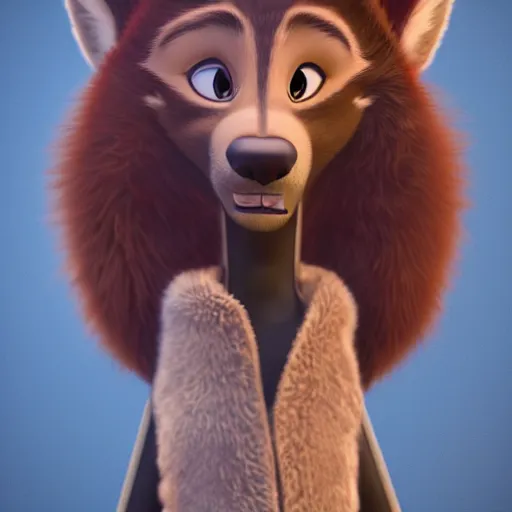 Prompt: upper body portrait, anthropomorphic female wolf with red fur, wearing a black leather jacket and denim pants, detailed, unreal engine 5, artstation, in the style of zootopia