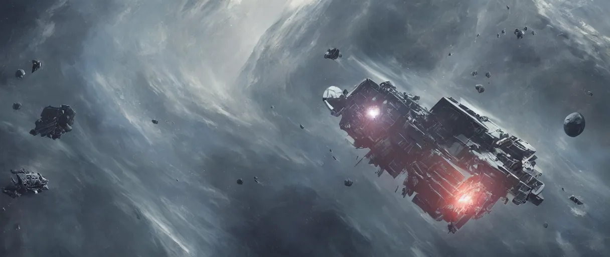 Image similar to concept art, ONE exploration spaceship drifting in space, the expanse tv series, industrial design, immensity, spatial phenomenon, space debris, cinematic lighting, low contrast, low saturation, 4k, greebles, widescreen ratio, wide angle, beksinski, sharp shapes, maximalist, film grain