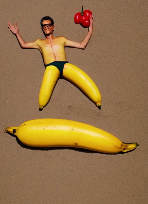 Image similar to jeff goldblum as a banana tomato on the sand of a beach