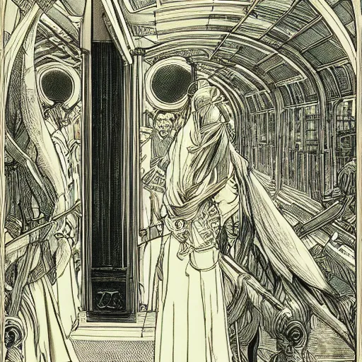 Image similar to artwork by Franklin Booth showing Babylon by bus