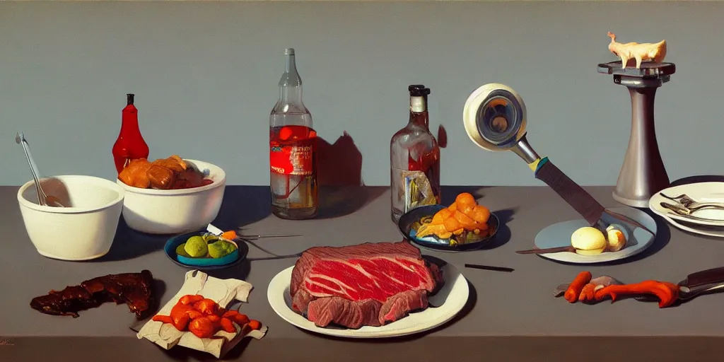 Prompt: an achingly beautiful still life featuring steak very coherent, painted by Edward Hopper, Wayne Barlowe, painted by James Gilleard, airbrush, art by JamesJean