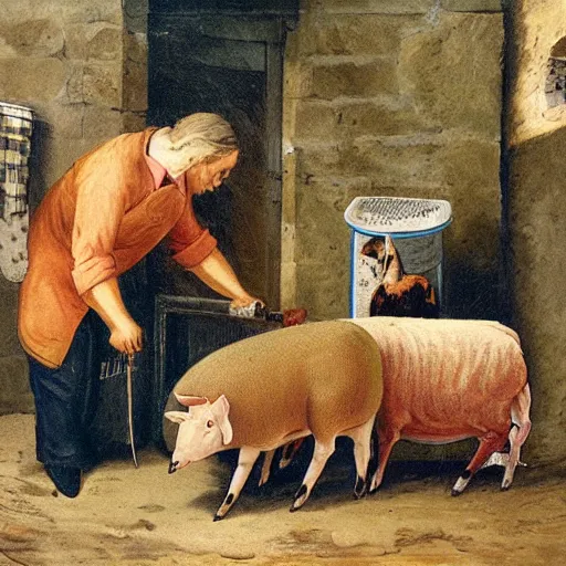 Image similar to butcher feeding a cat, while being watched by a pig, a sheep, a chicken and a cow