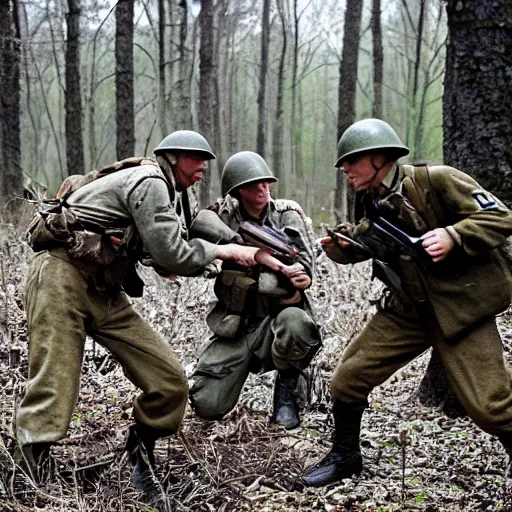 Image similar to ww 2 battlefield encounter in the woods between 2 american soldiers and a german soldier