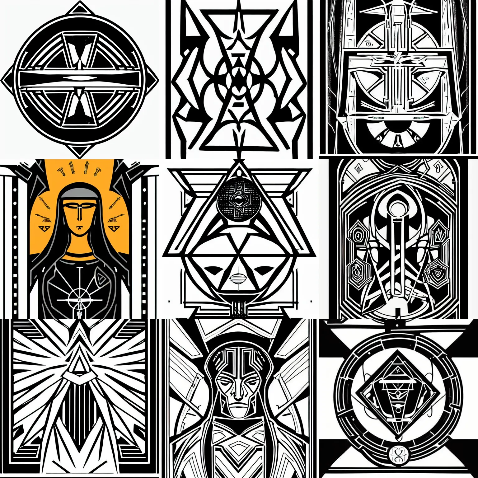 Prompt: black lineart symmetrical drawing modern style tarot digital art geometry, consistent line width, cyberpunk holy icon, halo for the saint of gladiators on a white background