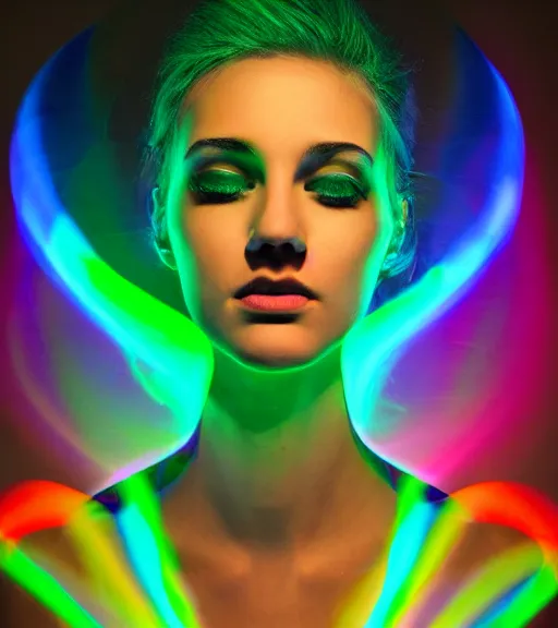 Prompt: lightpainting luminescent portrait, diffuse luminescent lightpainting, intricate wiccan spectrum lightpainting, elegant light, highly detailed zen prisms, lifelike, fully photorealistic, artstation, luminescent beautiful concept art, smoothened, sharp luminescent focus, sharp art by michael bosanko
