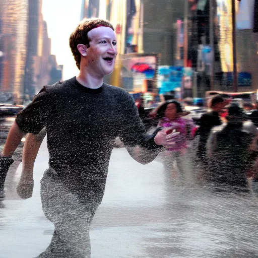 Prompt: Mark Zuckerberg running away from a mega tsunami in New York City, dslr photo, background blur