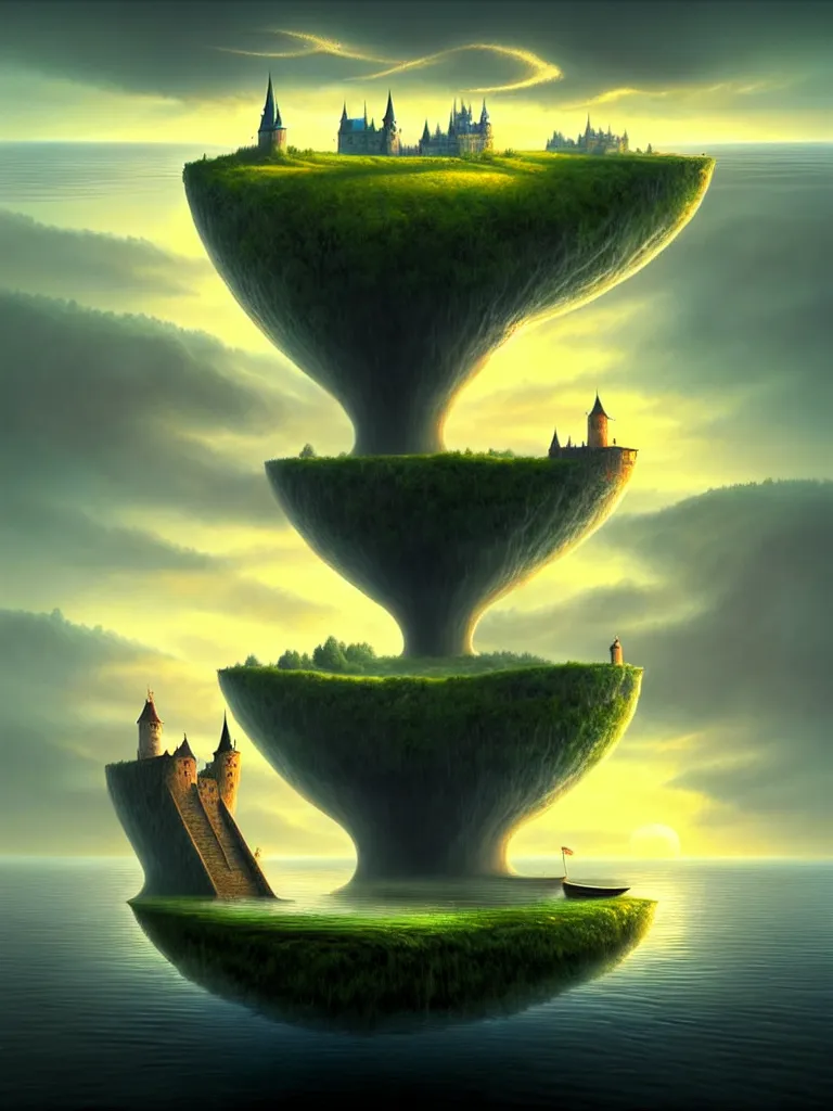 Image similar to gediminas pranckevicius an immense gigantic ornated iron cup with a lake inside, water in excess droping by, boats, castle, sunset, volumetric light, godrays, diorama