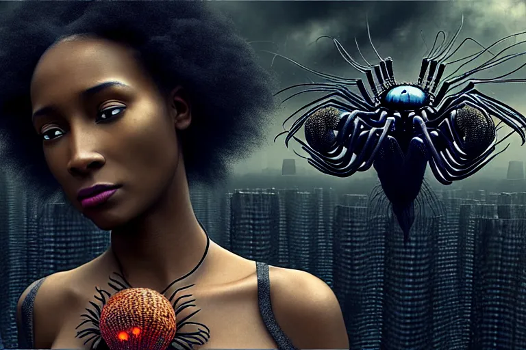 Image similar to realistic detailed photorealistic portrait movie shot of a beautiful black woman with a giant spider, dystopian city landscape background by denis villeneuve, amano, yves tanguy, alphonse mucha, ernst haeckel, david lynch, edward robert hughes, roger dean, cyber necklace, rich moody colours, cyber patterns, wide angle