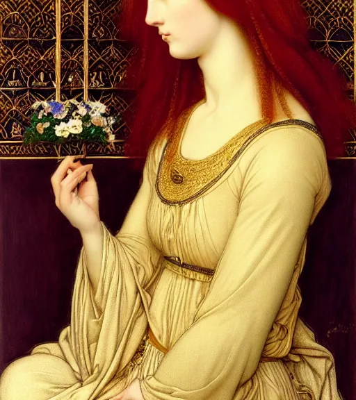 Image similar to portrait of a beautiful auburn - haired woman with a guilded crown sitting on a throne with heightened detail, poised, intense emotion, detailed facial expression, detailed surroundings, intricate, elegant, highly detailed, centered, digital painting, artstation, concept art, smooth, sharp focus, illustration, by ( sir edward coley burne - jones ), wlop