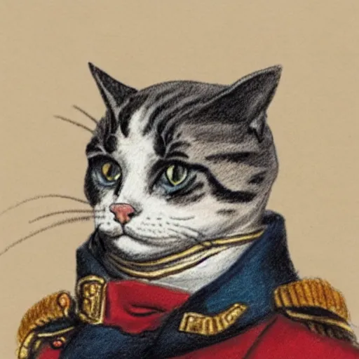 Image similar to a hatched sketch of a cat wearing napoleon's clothing