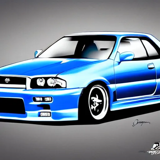 Image similar to artistic illustration of a bayside blue nissan skyline r 3 4 z tune