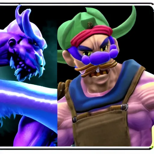 Prompt: A muscular manly Waluigi In Tekken. PSX style graphics, combo alerts on the screen. In battle Elon Fighting Jin Tekken 7.