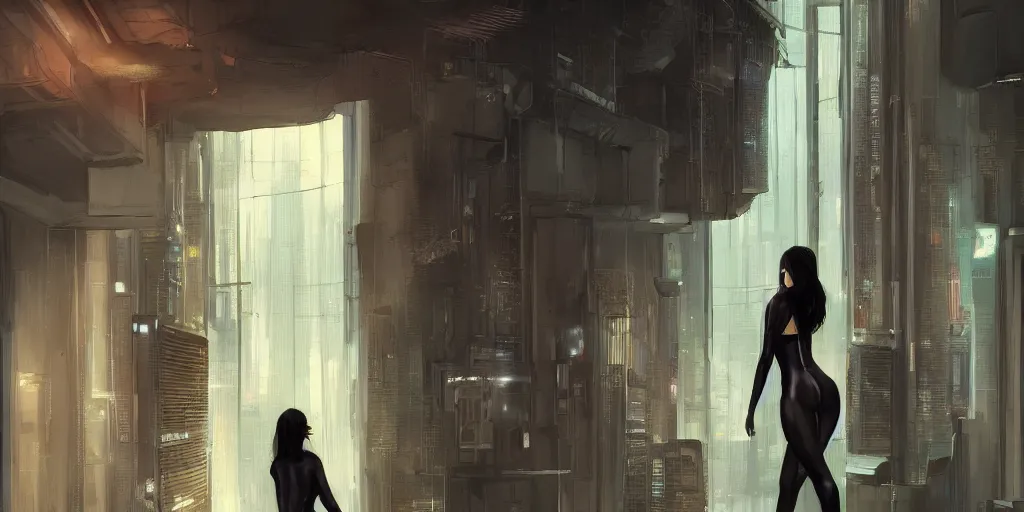 Image similar to sensual tall woman in an interior design quiet loft, big windows, cyberpunk city, rainy day, night, science - fiction, samdoesarts, artstation