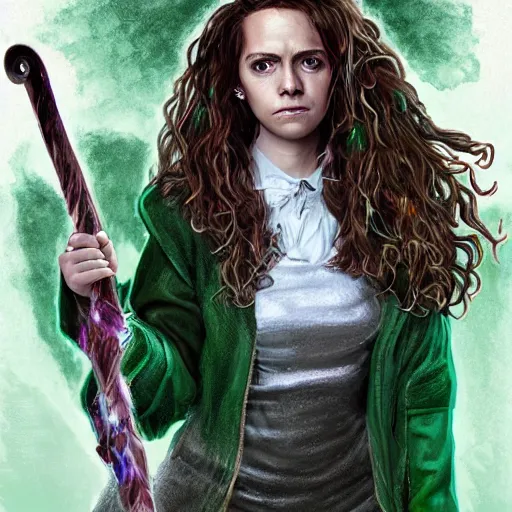 Image similar to full body portrait of hermione granger ( from harry potter ) as a dark hot witch, concept art, green magic, hyper detailed, art station, fantasy art, illustration, dark lighting by mark brooks