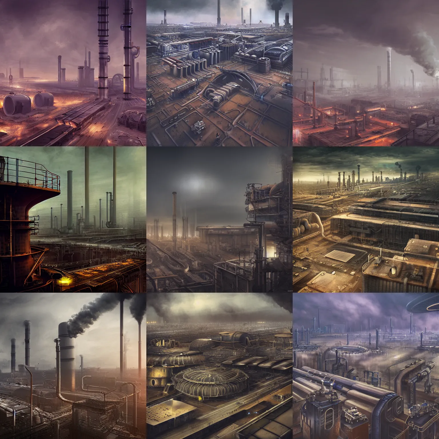 Prompt: futuristic dystopian endless industrial megafactory complex, smokestacks, pipelines and ducts and vents, matte painting, steampunk, smoke, night, gloomy, dark, dramatic, cinematic, elevated view