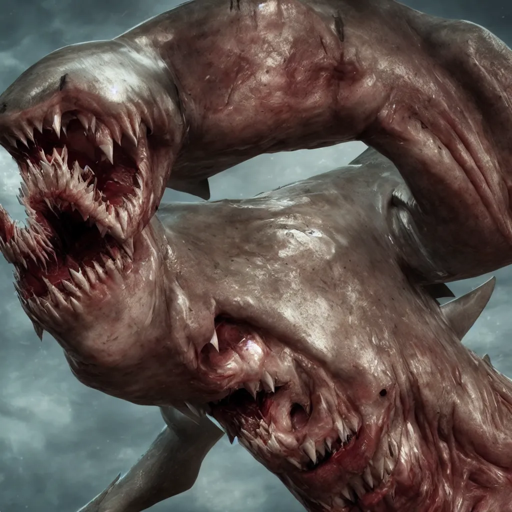 Prompt: A human with shark head made of muscles and flesh, very angry, teeth, ambient light, terror, glows, realistic, photo-realism, hyper realism, picture, detailed, 3D render, scary, distant shot, in the distance,