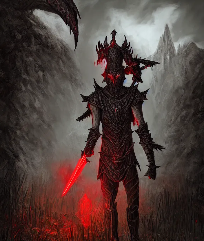 Image similar to A Dark Elf in Daedric armor with white hair and glowing red eyes travels in the rain through the land of Morrowind with his pack guar, Hyper realism, glow, runes, magic, morrowind, Skywind, Ash, Mushrooms, mud, Oblivion, Skyrim, solstheim, dark, gloomy