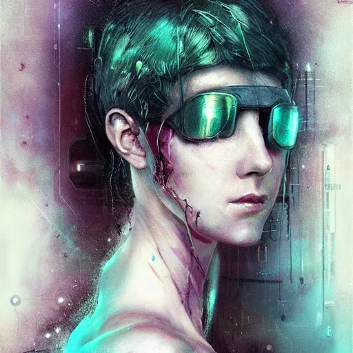 Prompt: female cyberpunk portrait by cy Twombly and BASTIEN LECOUFFE DEHARME, iridescent