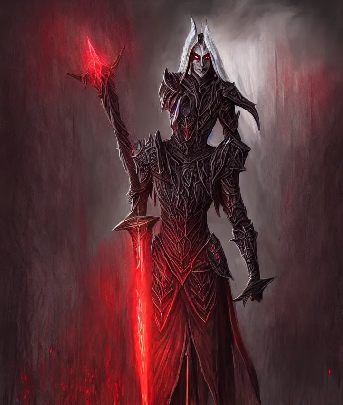 Image similar to A Dark Elf Dunmer in Daedric armor with white hair and glowing red eyes travels in the rain through Morrowind, Hyper realism, glow, runes, magic, morrowind, Skywind, Oblivion, Skyrim, dark, gloomy, House Telvanni, Divayth Fyr