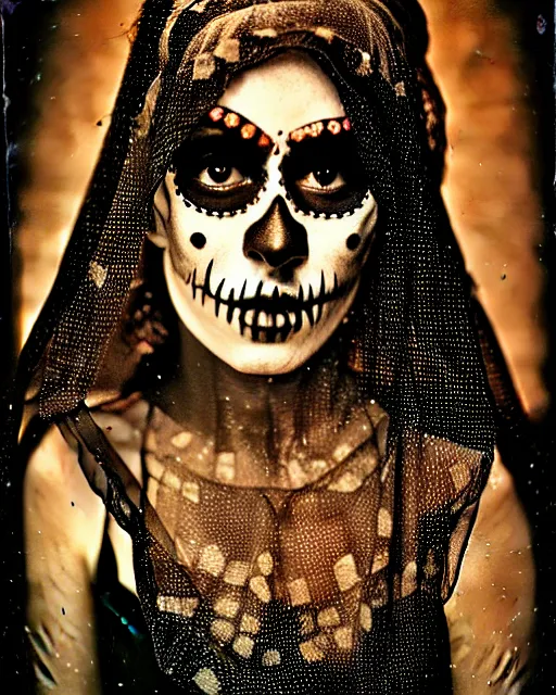 Image similar to tintype religious veil woman in dia de muertos dress and makeup high quality photo, microchip, artificial intelligence, bio - mechanical bio - luminescence, black wired cables, neurons, nerve cells, cinematic, rim light, photo - realistic, high detail, 8 k, masterpiece, high fashion, in the style of steven meisel dora maar h. r. giger