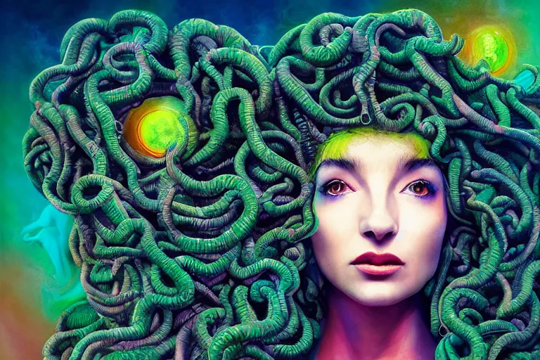 Prompt: photo of surreal young Kate Bush as medusa gorgo in vibrant lighting, elegant, highly detailed, smooth, sharp focus, trippy, dmt, psychedelic, illustration, beautiful, geometric, trending on artstation, cinematic, artwork by WLOP