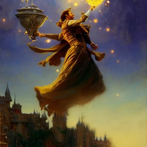 Prompt: stunning male master wizard magically levitating a huge castle in the air, highly detailed painting by gaston bussiere, craig mullins, j. c. leyendecker, 8 k