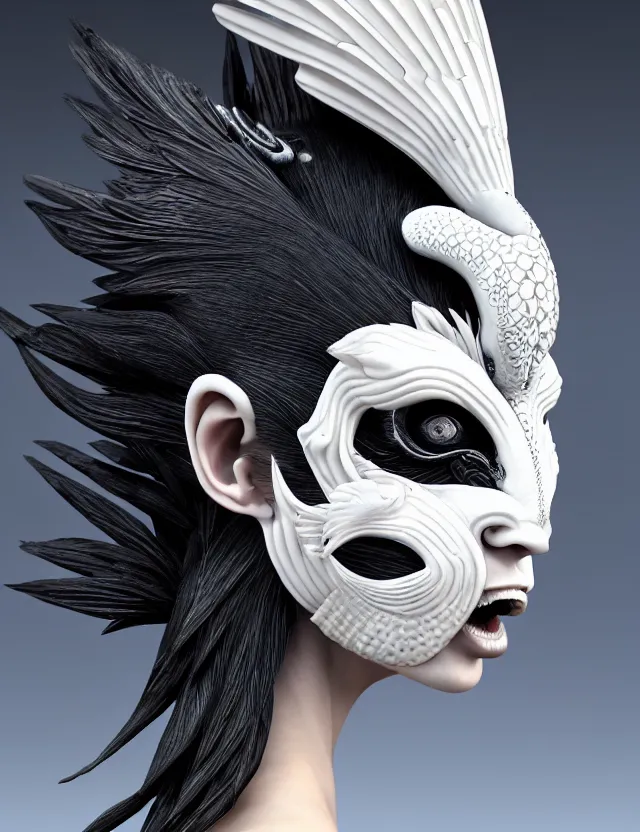 Image similar to 3 d goddess close - up profile simple portrait punk with mohawk with ram skull. beautiful intricately detailed japanese crow kitsune mask and clasical japanese kimono. betta fish, jellyfish phoenix, bio luminescent, plasma, ice, water, wind, creature, artwork by tooth wu and wlop and beeple and greg rutkowski