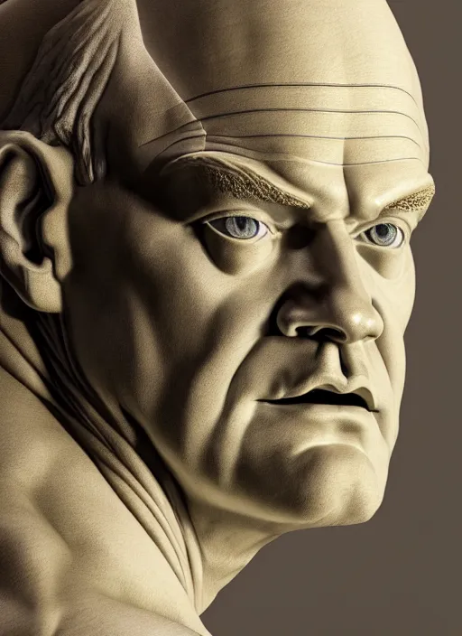 Prompt: a statue made of white marble with gold veins, of kelsey grammer as frasier crane with fittonias, transhumanism, full body shot, perfect symmetrical body, perfect symmetrical face, hyper realistic, hyper detailed, by johannen voss, by peter kemp, by alex grey, octane render, blender, 8 k