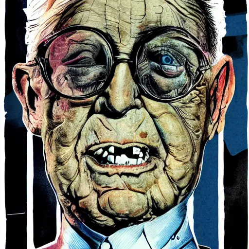 Image similar to George Soros full body shot, dollar bills Body horror, biopunk, by Ralph Steadman, Francis Bacon, Hunter S Thompson