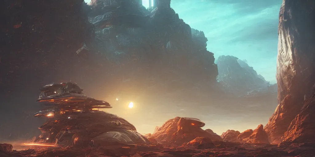 Image similar to futuristic steampunk giant starship, surrounded by eroded rocks, by Andreas Rocha, stunning volumetric lighting, sundown, trending on Artstation, 8k, photorealistic, hyper detailed, unreal engine 5, cinematic, epic lighting, cryengine, octane render, cyberpunk, red and orange glow