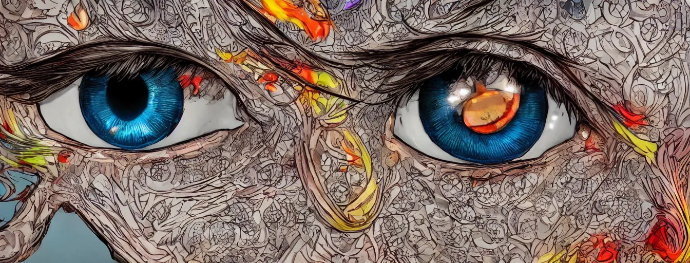 Image similar to close up of two eyes, determined, courageous, filled with holy anger. hyperrealistic anime background illustration by kim jung gi, colorful, extremely detailed intricate linework, smooth, super sharp focus, bright colors, high contrast, matte, octopath traveler, unreal engine 5 highly rendered, global illumination, radiant light