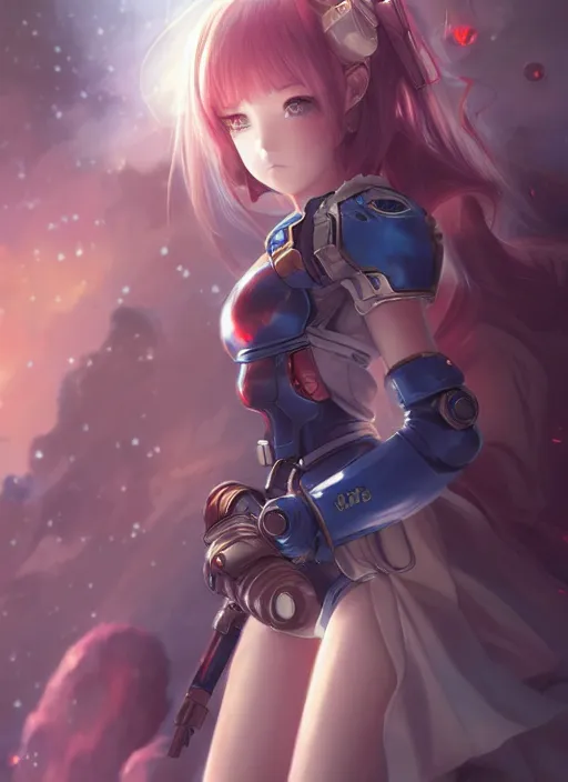 Image similar to semi realistic anime illustration of space marine girl made by stanley artgerm, wlop, rossdraws, james jean andrei riabovitchev, marc simonetti, yoshitaka amano, artstation