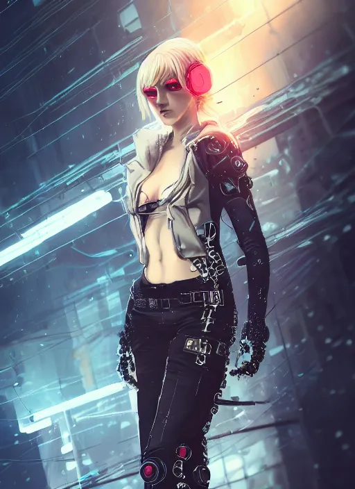 Prompt: full body shot of beautiful blonde teenage boy rouge assassin, wearing cyberpunk intricate techwear clothing, beautiful, detailed portrait, cell shaded, 4 k, concept art, by wlop, ilya kuvshinov, artgerm, krenz cushart, greg rutkowski, pixiv. cinematic dramatic atmosphere, sharp focus, volumetric lighting, cinematic lighting, studio quality