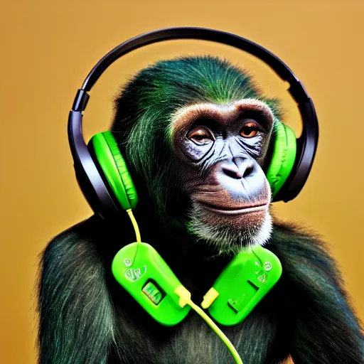 Image similar to a high quality photo of a green chimp wearing headphones, realism, 8k