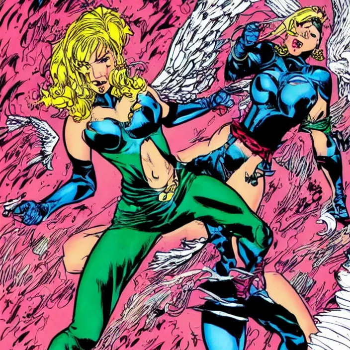 Image similar to a beautiful female angel fighting spawn, fierce, powers, comic, art by todd mcfarlane