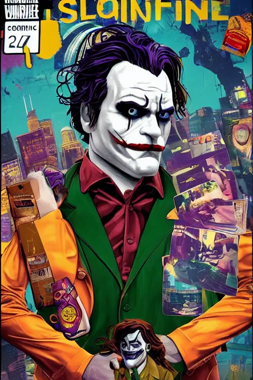 Prompt: joaquin phoenix joker comic book cover issues 2 0, justify content center, delete duplicate object content!, violet polsangi pop art, gta chinatown wars art style, bioshock infinite art style, incrinate, realistic anatomy, hyperrealistic, 2 color, white frame, content balance proportion